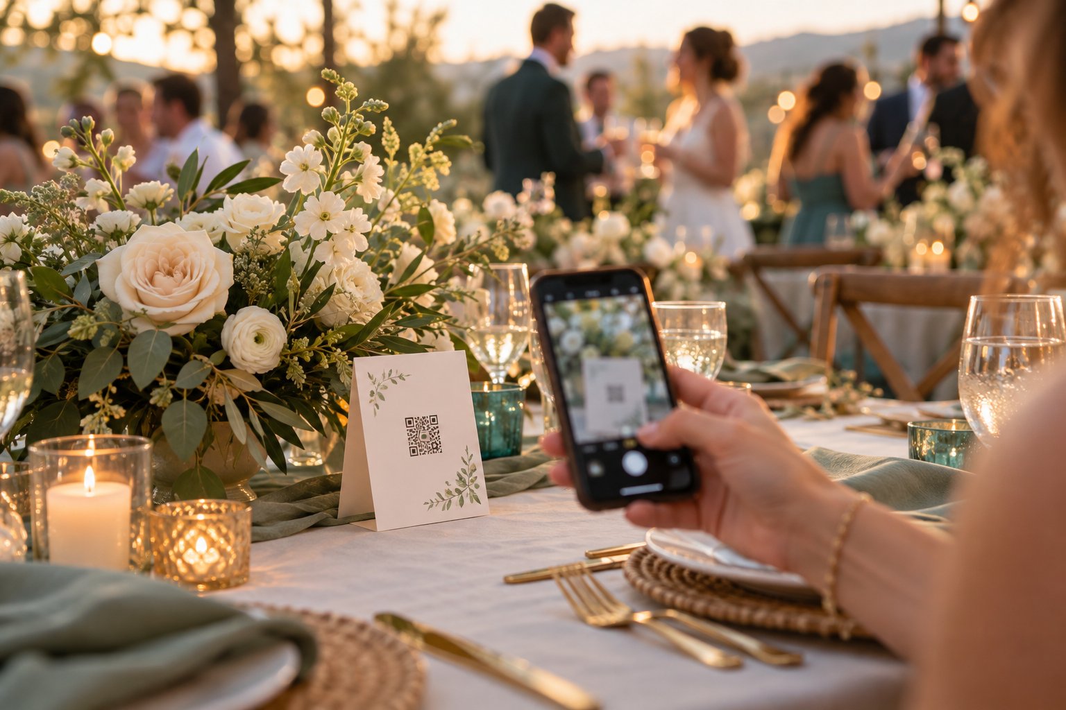 A wedding guest scanning a photo-sharing card at a reception table